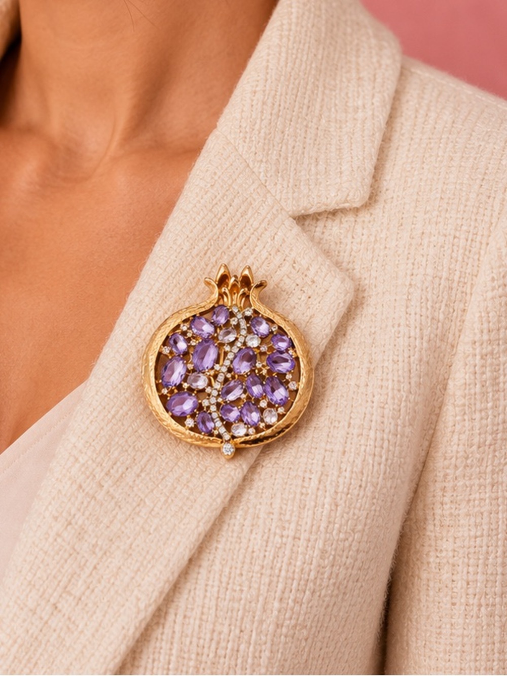Amethyst Pomegranate Crystal Gold Brooch